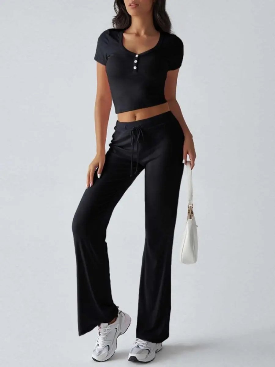 Chic Two-Piece Short Sleeve Top and Drawstring Pants Set - Love Salve 