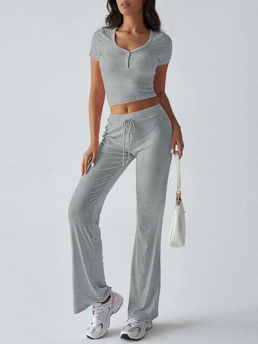 Chic Two-Piece Short Sleeve Top and Drawstring Pants Set - Love Salve 