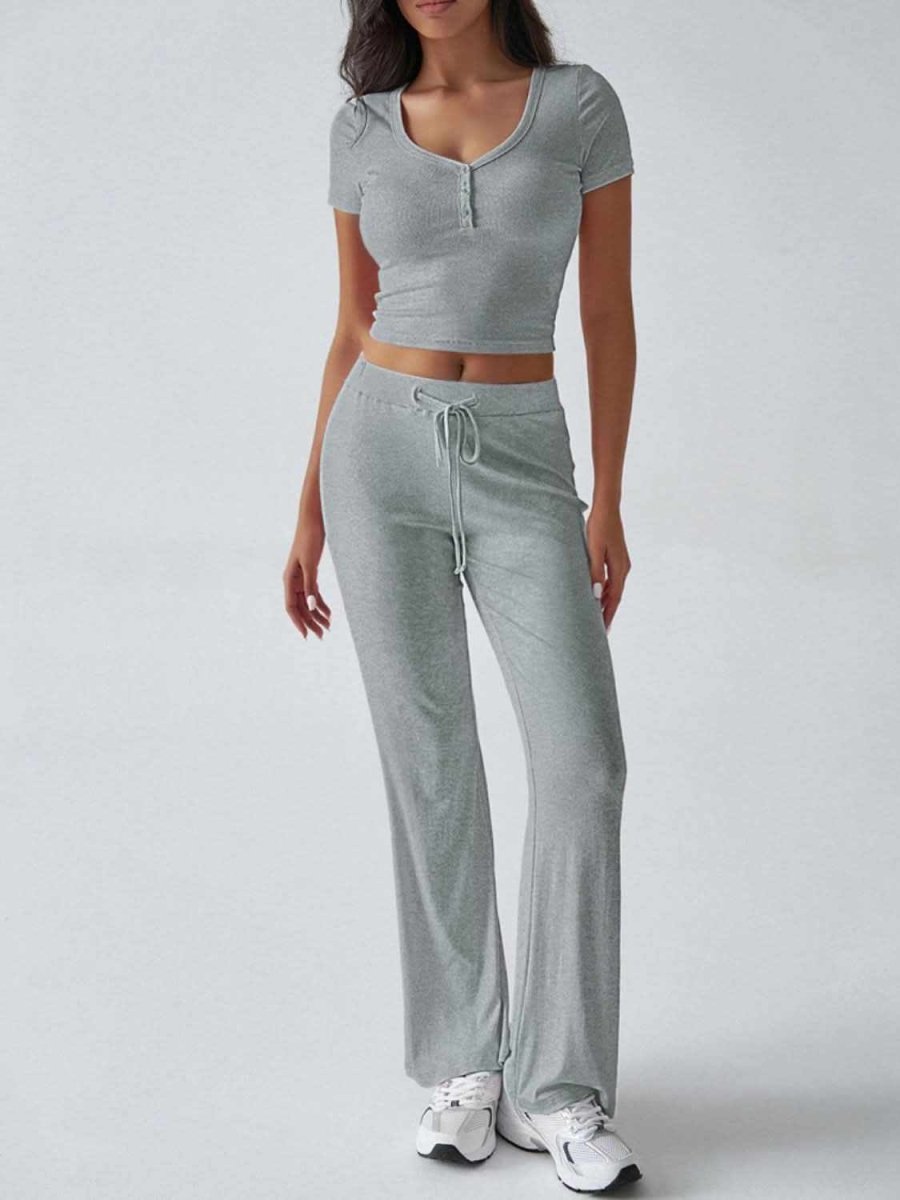 Chic Two-Piece Short Sleeve Top and Drawstring Pants Set - Love Salve 