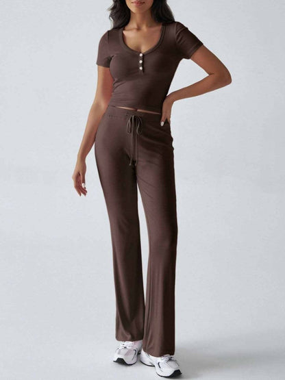 Chic Two-Piece Short Sleeve Top and Drawstring Pants Set - Love Salve 