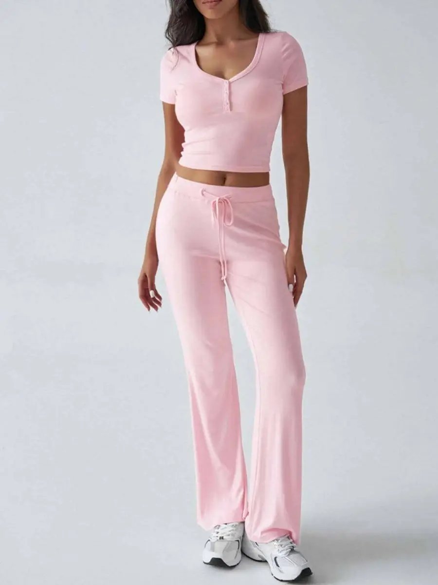 Chic Two-Piece Short Sleeve Top and Drawstring Pants Set - Love Salve 
