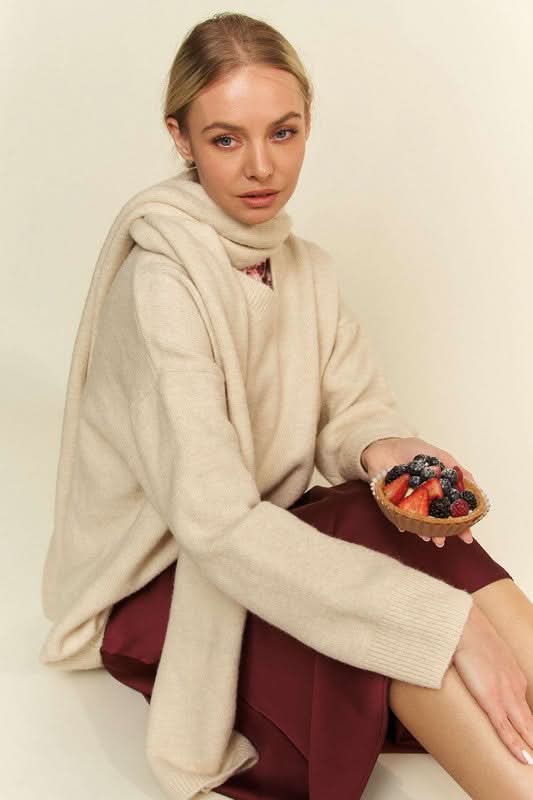 Chic V-Neck Sweater Set with Cozy Scarf by Davi & Dani - Love Salve 