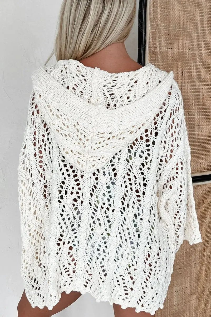 Chic White Knit Hooded Beach Cover-Up for Trendy Summer Style - Love Salve 
