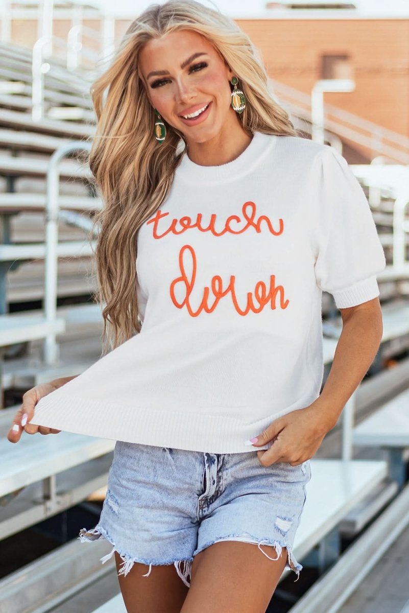 Chic White Puff Sleeve Sweater with Touchdown Tinsel Design - Love Salve 