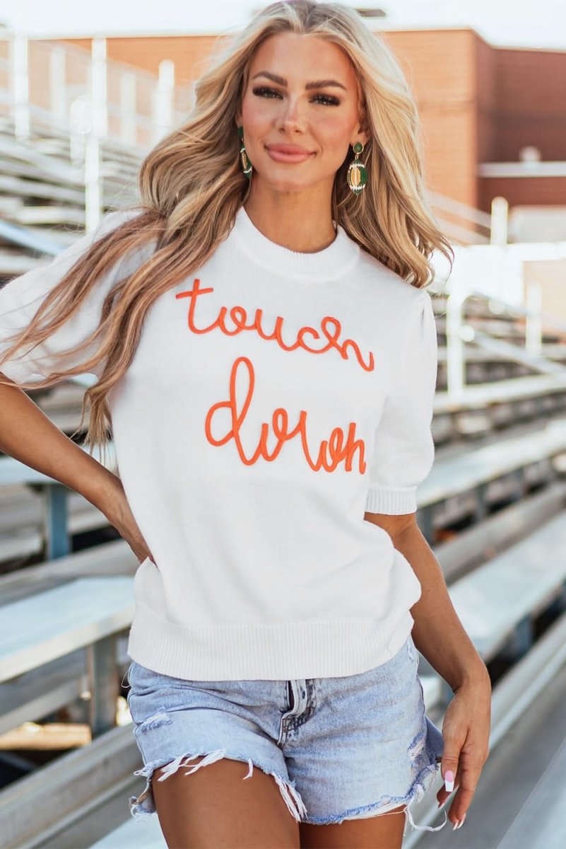 Chic White Puff Sleeve Sweater with Touchdown Tinsel Design - Love Salve 