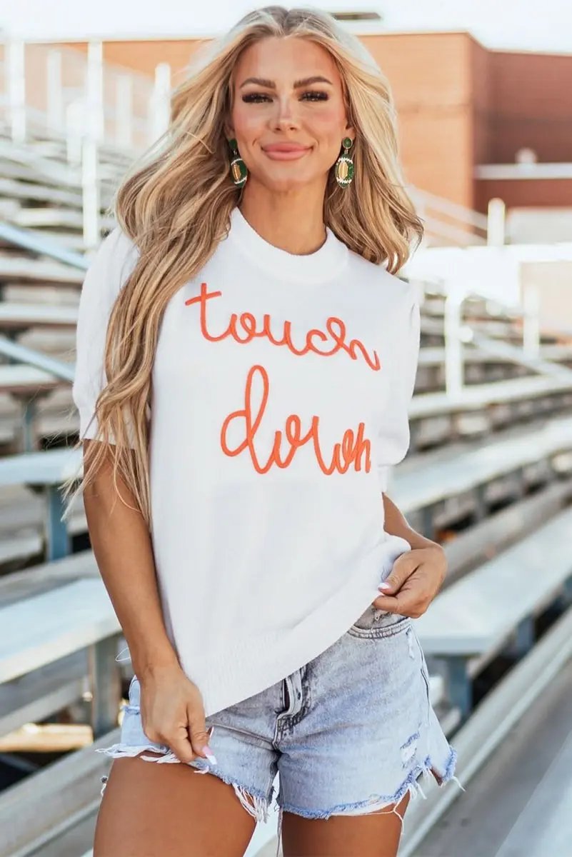 Chic White Puff Sleeve Sweater with Touchdown Tinsel Design - Love Salve 