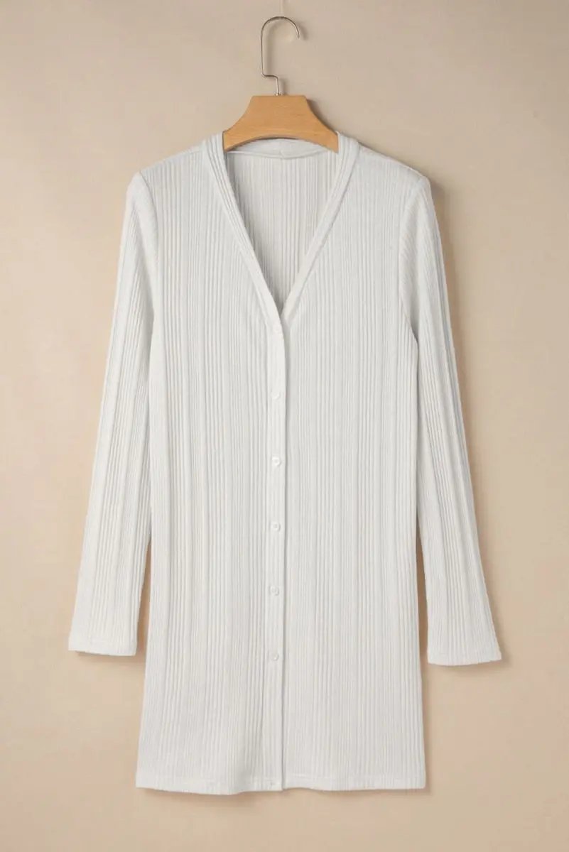 Chic White Ribbed Button-Up Long Sleeve Tunic Cardigan - Love Salve 