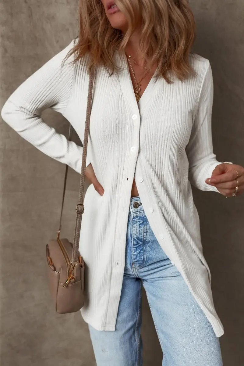 Chic White Ribbed Button-Up Long Sleeve Tunic Cardigan - Love Salve 