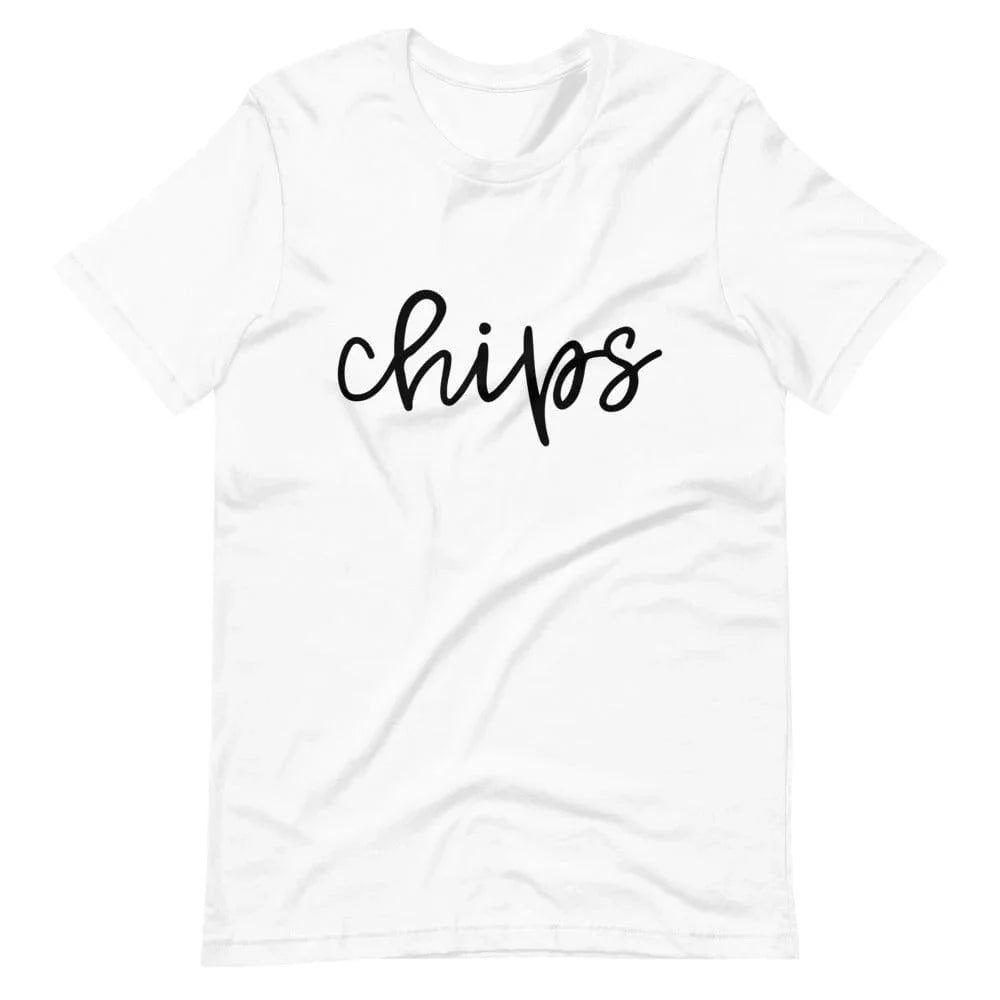 Adorb.co Chips Tee from a dynamic angle, showcasing the comfortable crew neck and vibrant graphic, perfect for a fun, casual 
