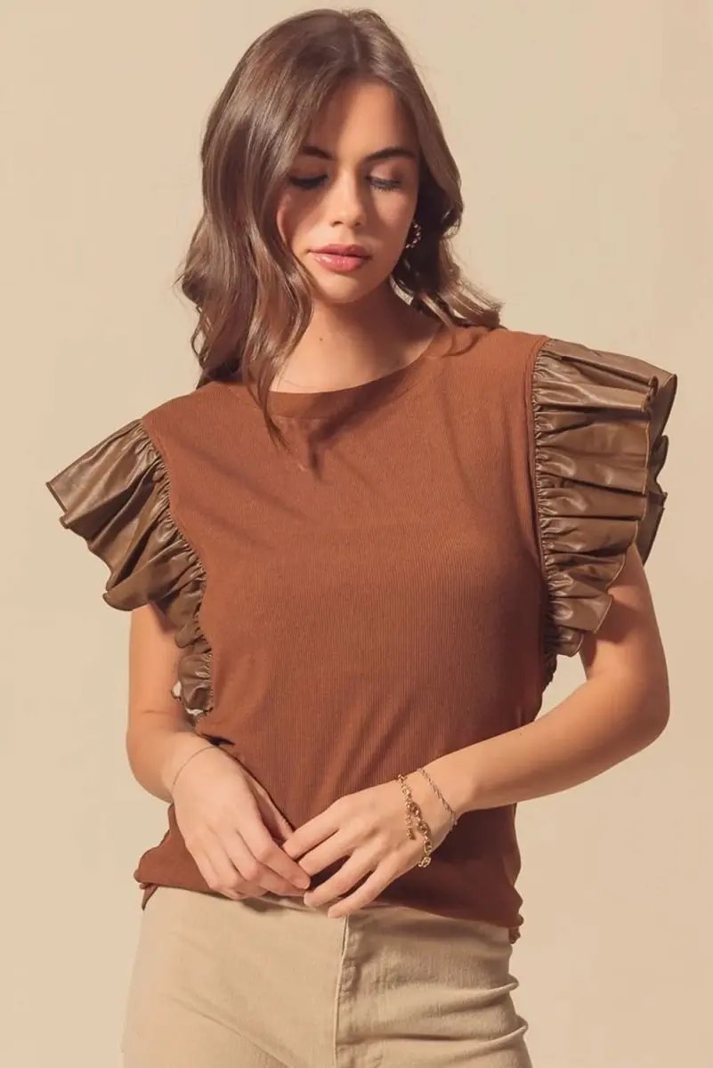 Cinnamon Ruffle Sleeve Faux Leather Round Neck Blouse - Love Salve 