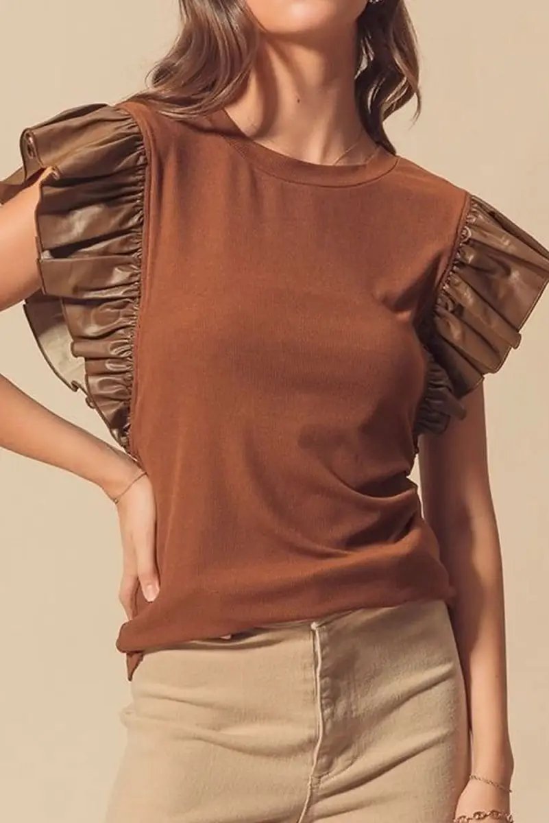 Cinnamon Ruffle Sleeve Faux Leather Round Neck Blouse - Love Salve 