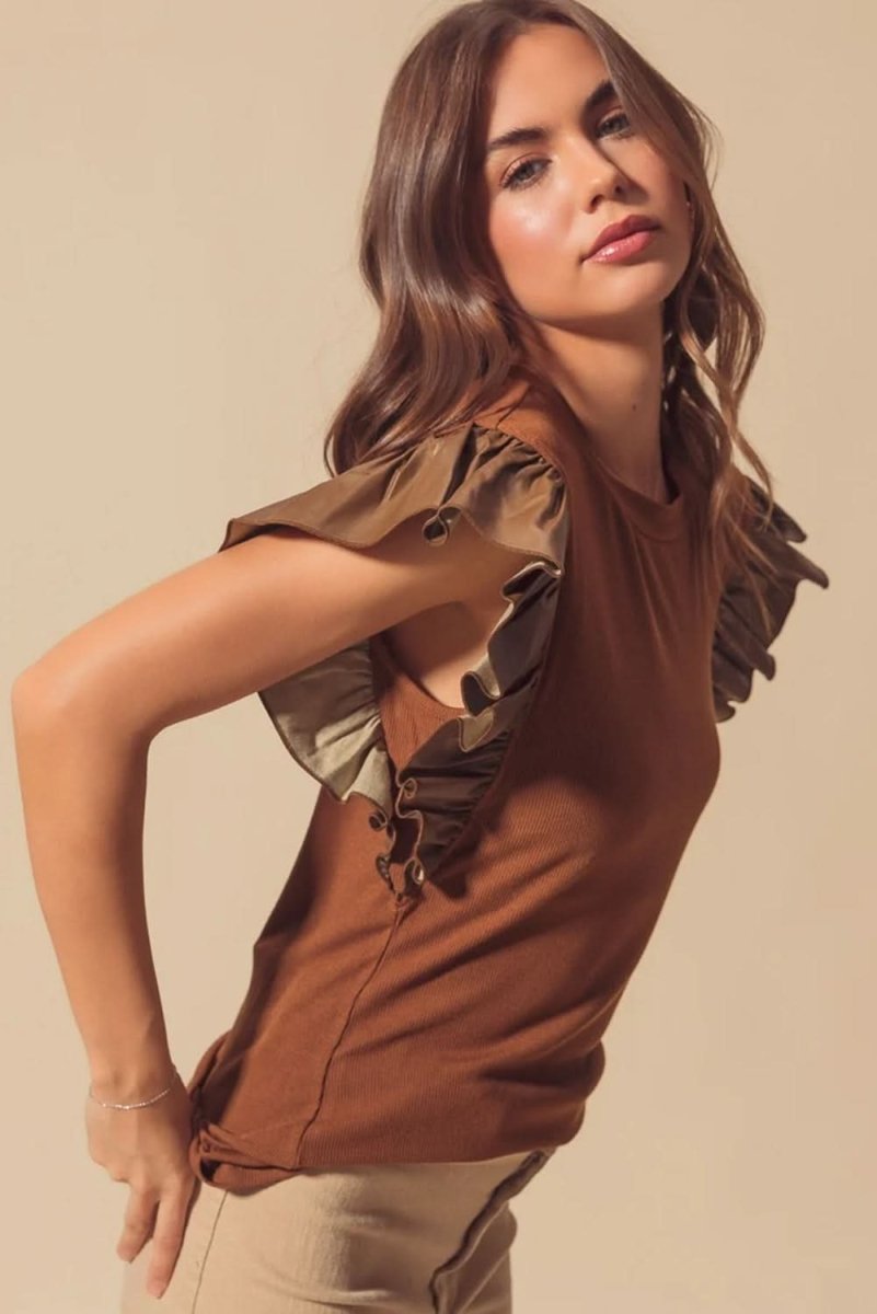 Cinnamon Ruffle Sleeve Faux Leather Round Neck Blouse - Love Salve 
