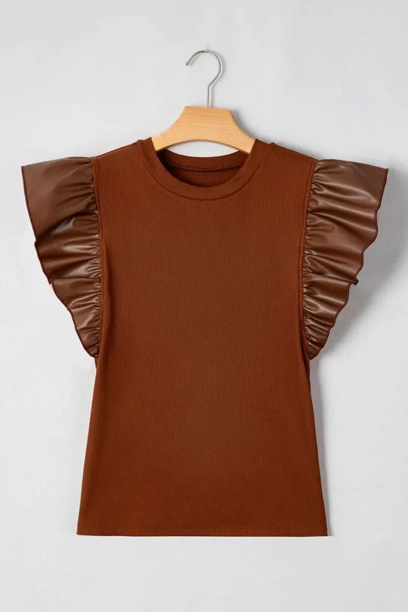 Cinnamon Ruffle Sleeve Faux Leather Round Neck Blouse - Love Salve 