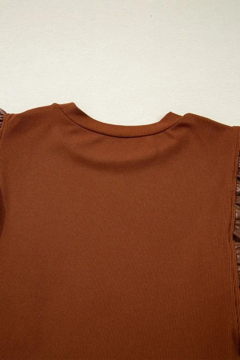 Cinnamon Ruffle Sleeve Faux Leather Round Neck Blouse - Love Salve 