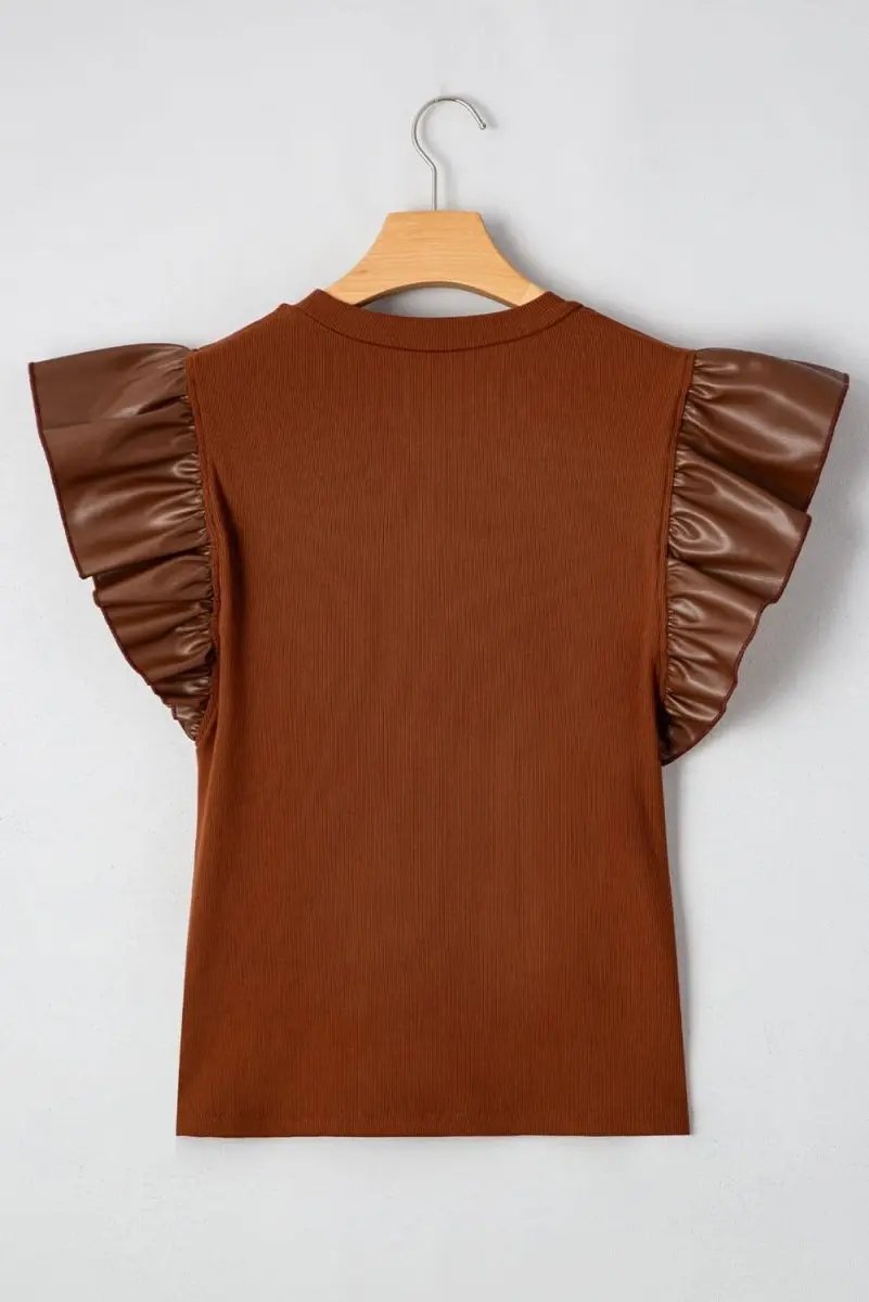 Cinnamon Ruffle Sleeve Faux Leather Round Neck Blouse - Love Salve 