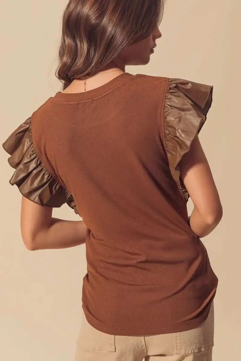 Cinnamon Ruffle Sleeve Faux Leather Round Neck Blouse - Love Salve 