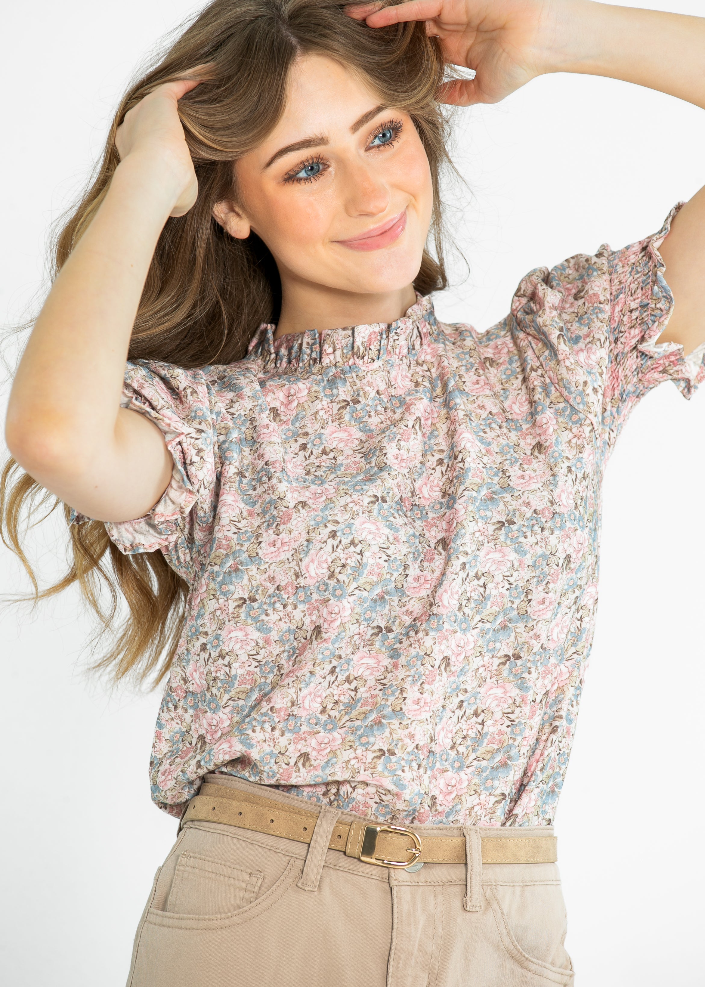 Clara Floral Ruffle Mockneck Short Sleeve Top - FINAL SALE Inherit Co.