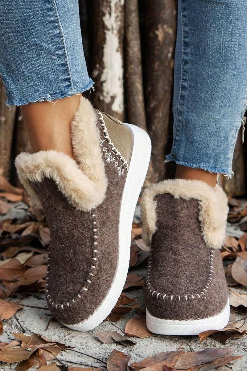 Coffee Faux Suede Plush Lined Ankle Boots with Stitch Detail - Love Salve