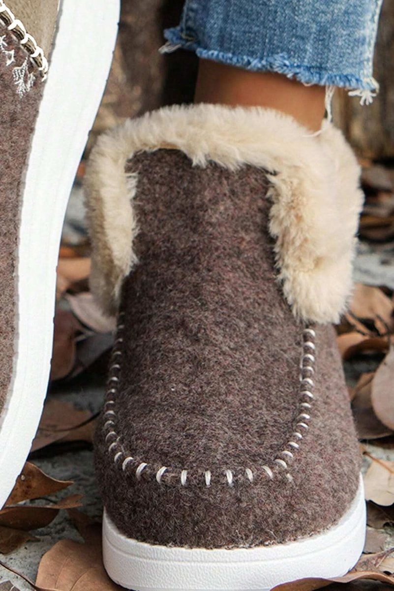 Coffee Faux Suede Plush Lined Ankle Boots with Stitch Detail - Love Salve