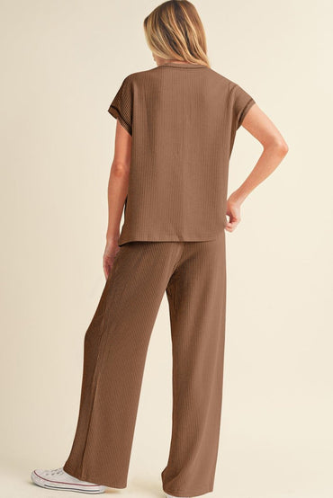 Coffee Solid Color Corded Short Sleeve Top and Pants Set - Love Salve 