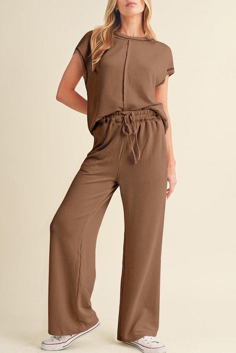 Coffee Solid Color Corded Short Sleeve Top and Pants Set - Love Salve 