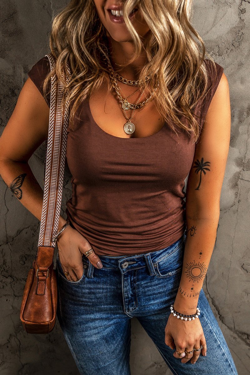 Coffee Solid Color U Neck Slim Fit Tank Top for Women - Love Salve 