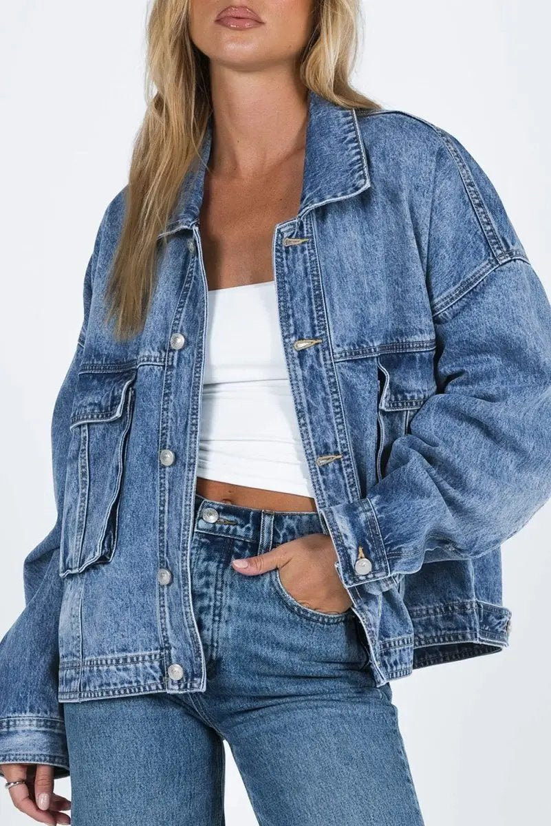 Collared Neck Button Up Denim Jacket for Women Fashion - Love Salve 