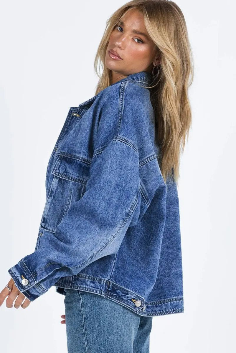 Collared Neck Button Up Denim Jacket for Women Fashion - Love Salve 