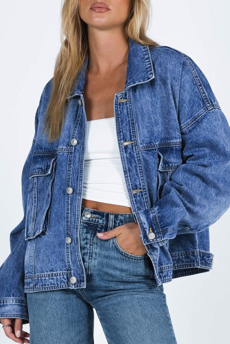 Collared Neck Button Up Denim Jacket for Women Fashion - Love Salve 
