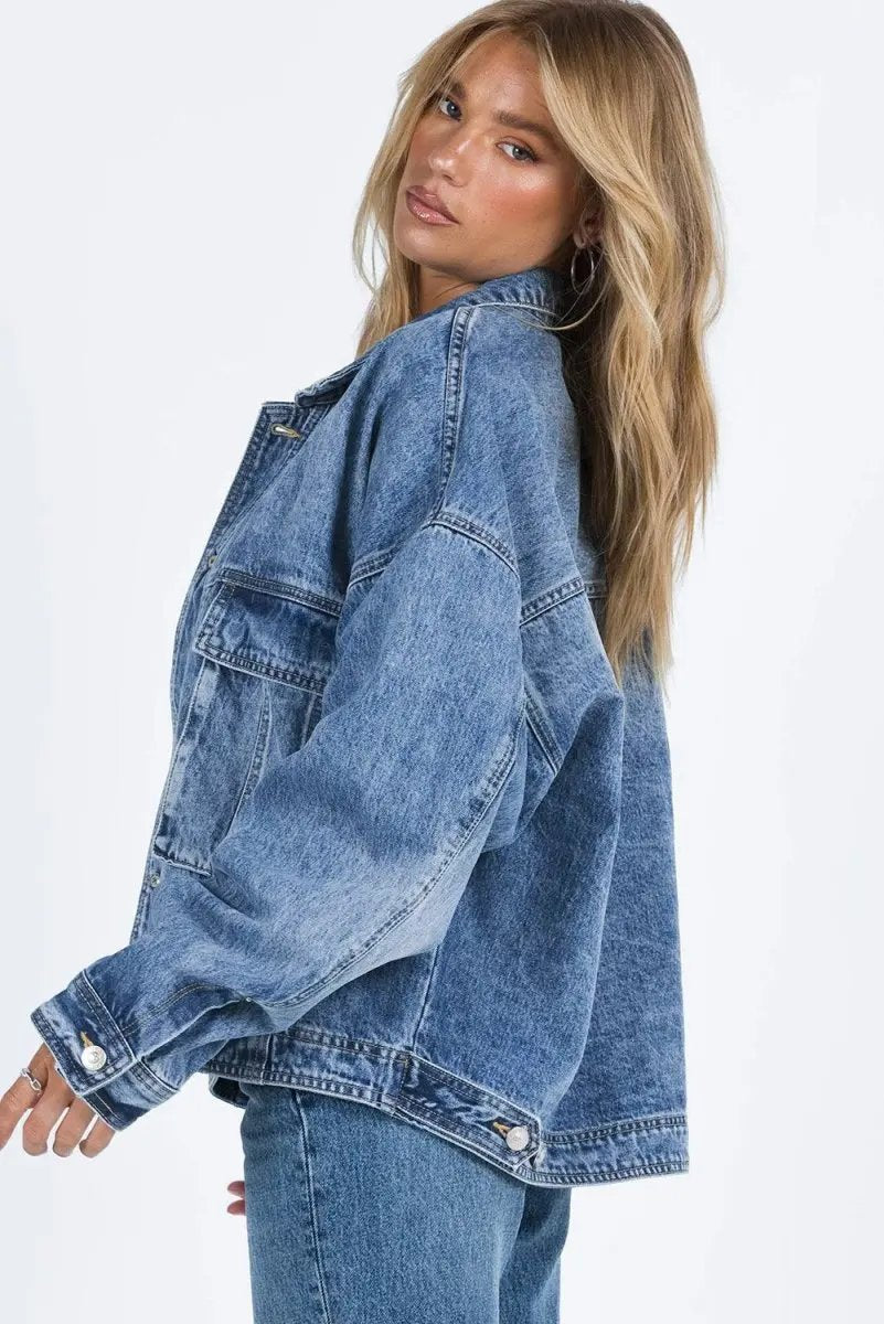 Collared Neck Button Up Denim Jacket for Women Fashion - Love Salve 