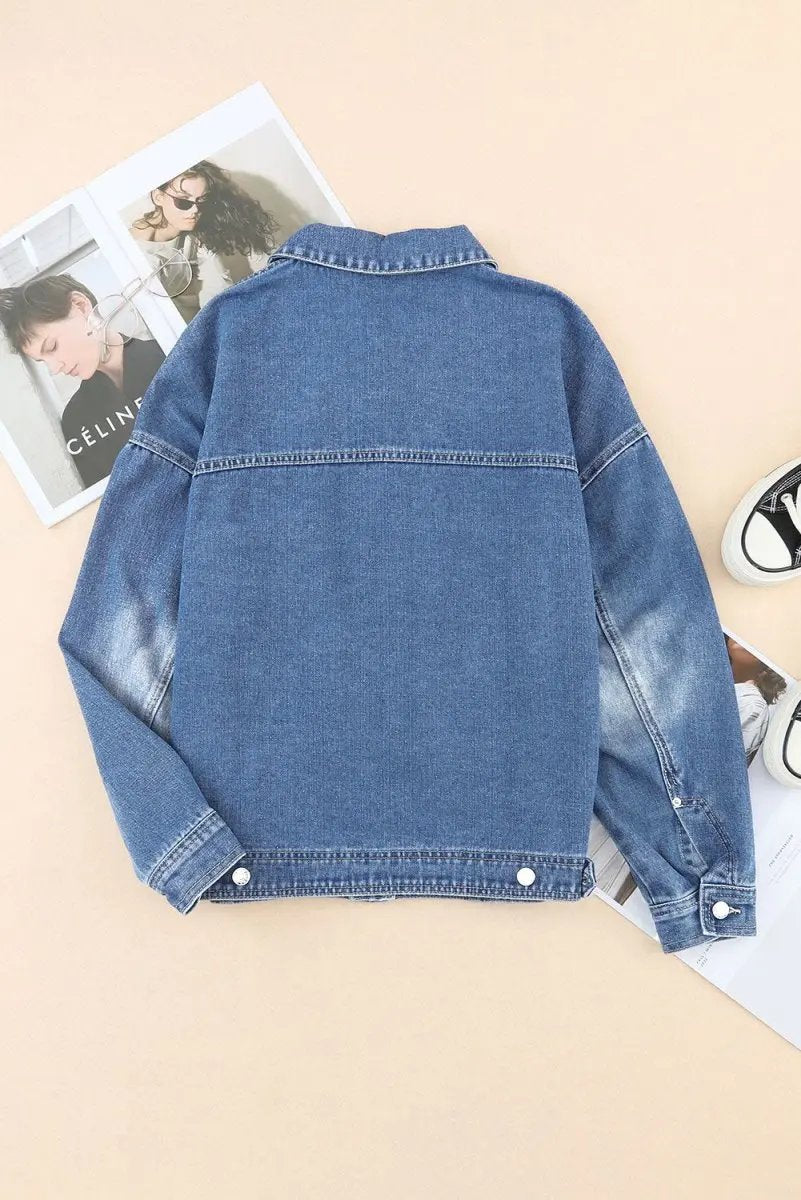 Collared Neck Button Up Denim Jacket for Women Fashion - Love Salve 