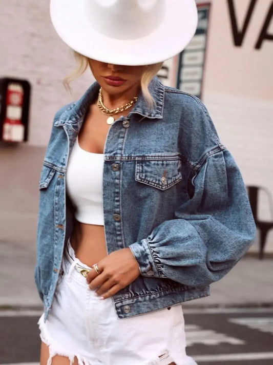 Collared Neck Dropped Shoulder Denim Top - Love Salve 