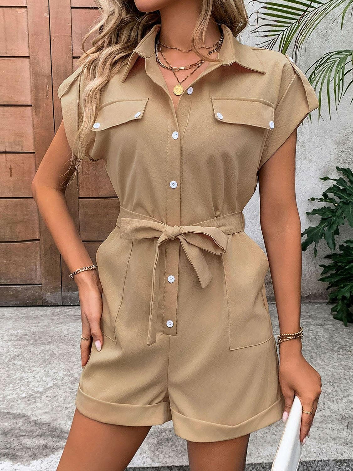 Collared Neck Tie Waist Romper with Pockets - Love Salve