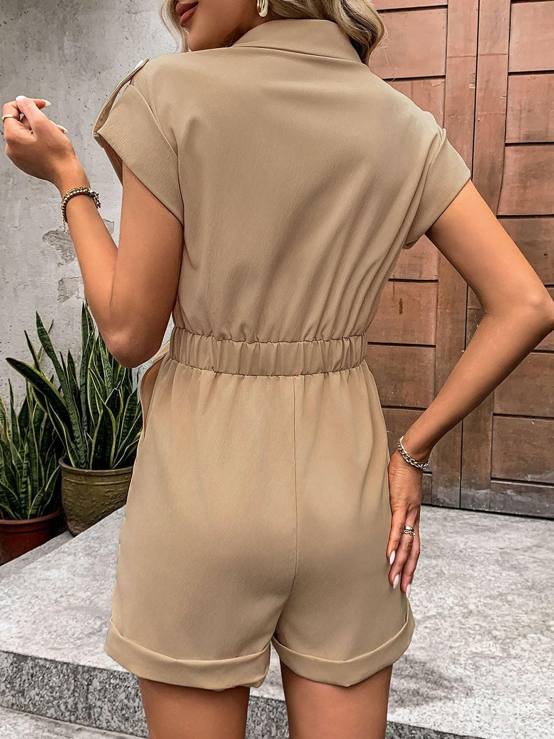 Collared Neck Tie Waist Romper with Pockets - Love Salve