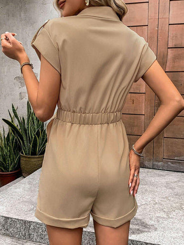 Collared Neck Tie Waist Romper with Pockets - Love Salve