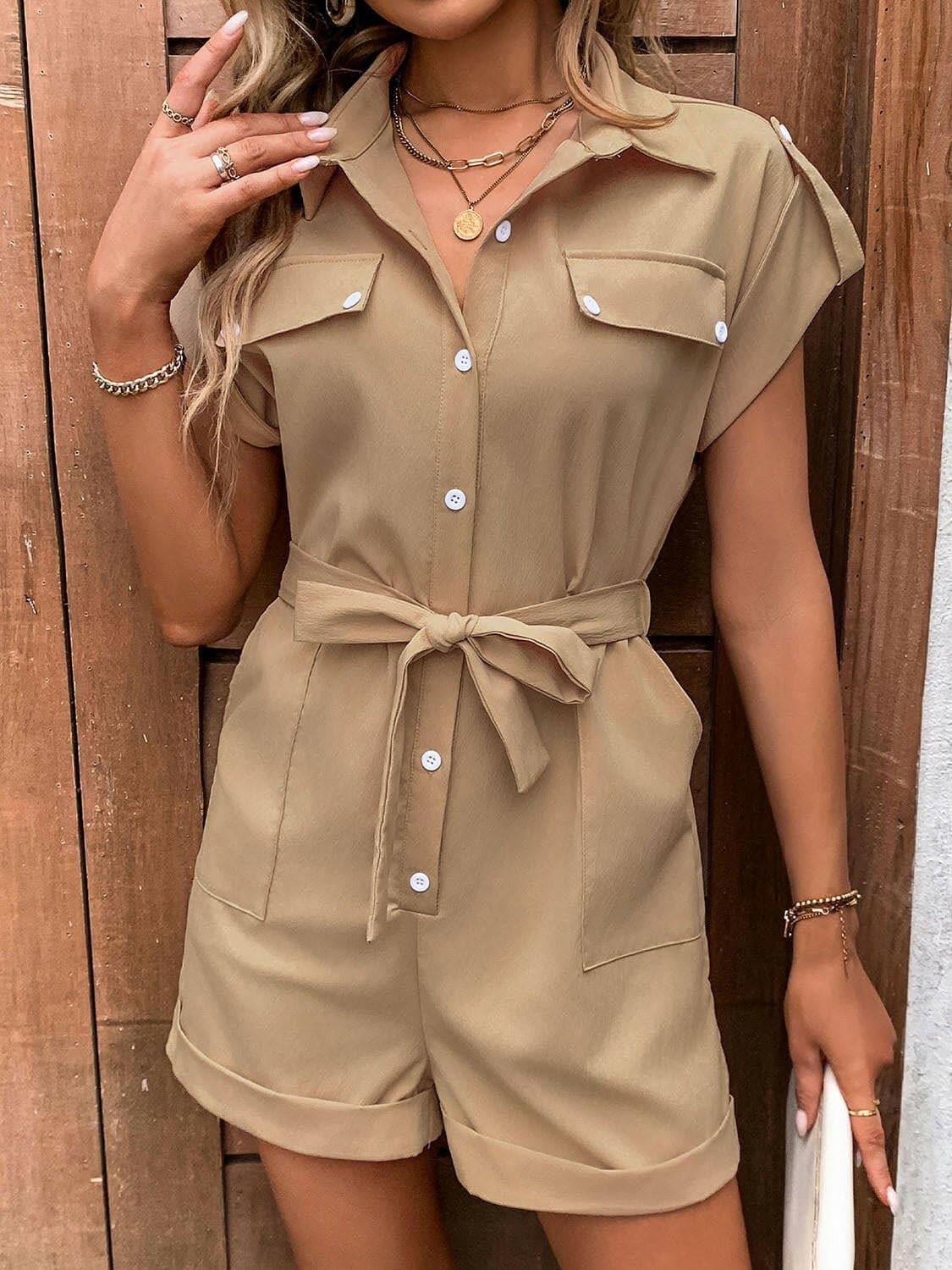 Collared Neck Tie Waist Romper with Pockets - Love Salve