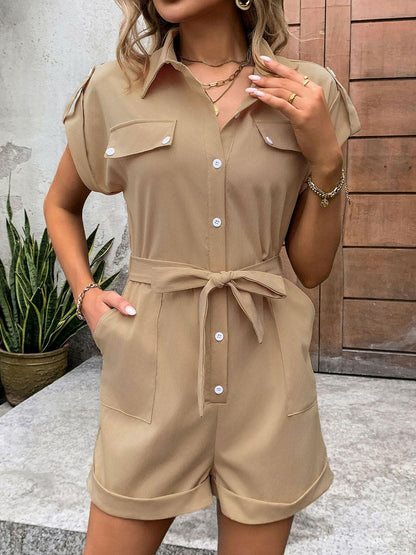 Collared Neck Tie Waist Romper with Pockets - Love Salve