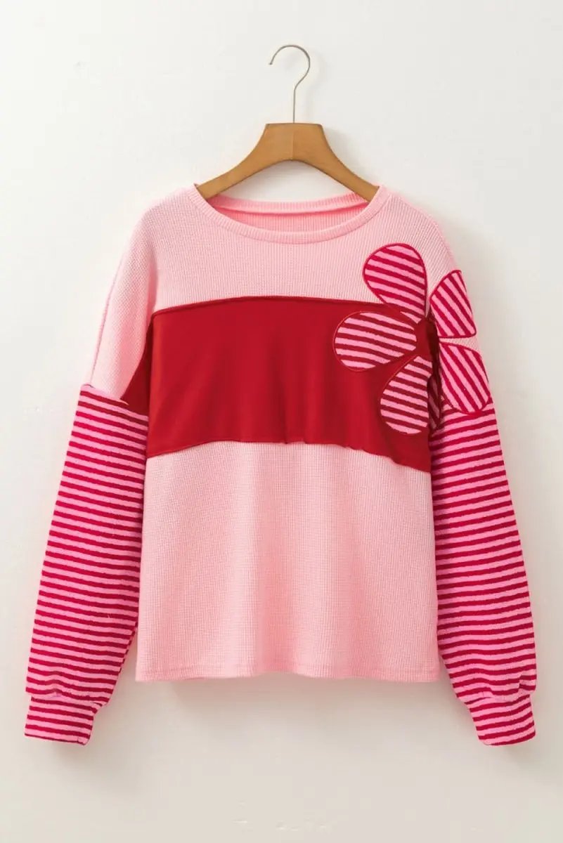 Color Block Pink Floral Textured Top with Striped Sleeves - Love Salve 