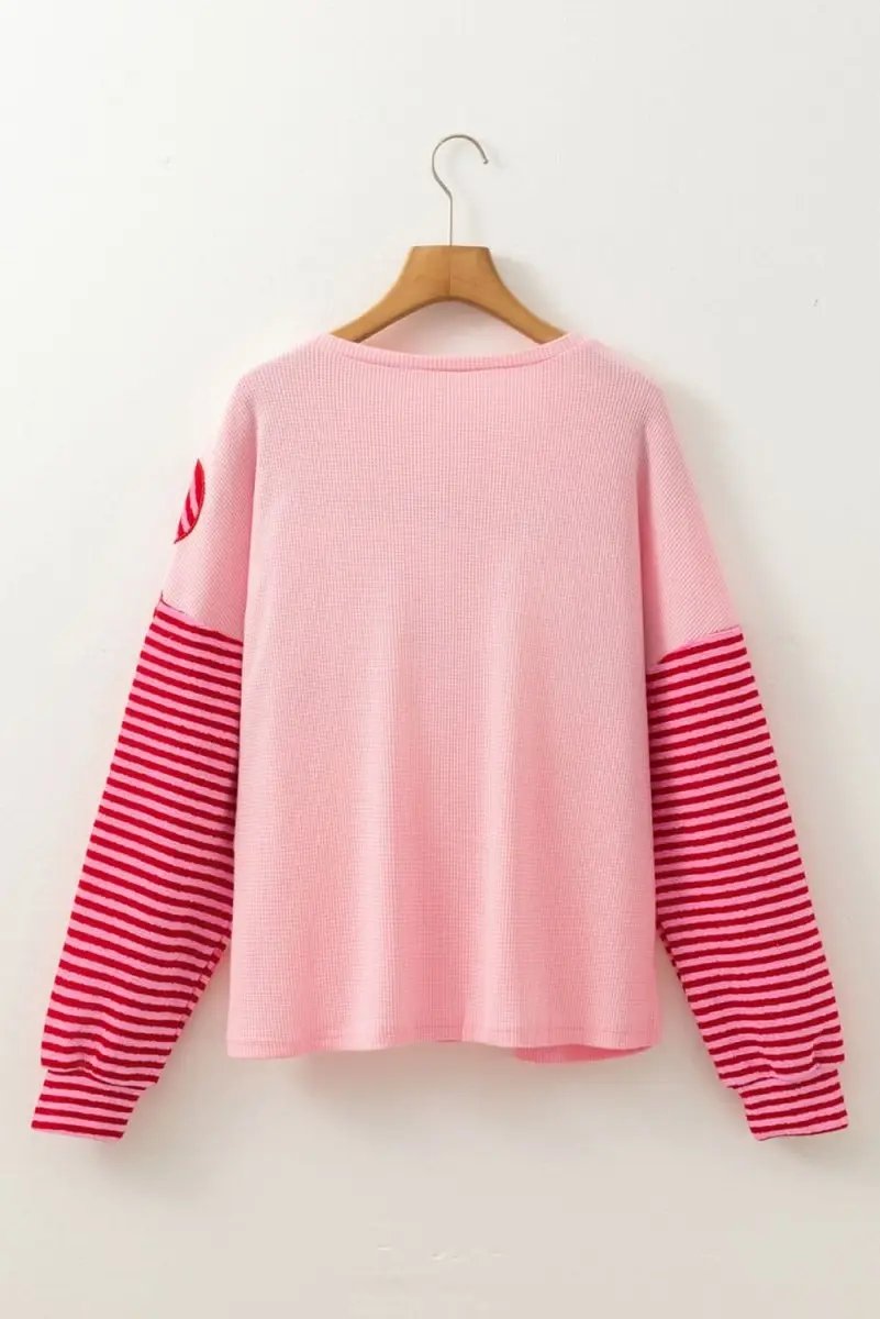 Color Block Pink Floral Textured Top with Striped Sleeves - Love Salve 