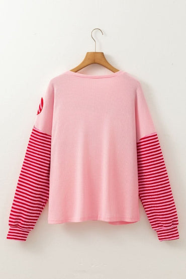 Color Block Pink Floral Textured Top with Striped Sleeves - Love Salve
