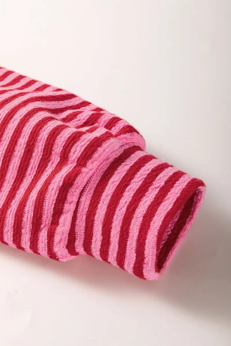 Color Block Pink Floral Textured Top with Striped Sleeves - Love Salve 