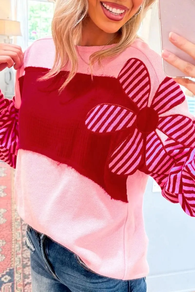 Color Block Pink Floral Textured Top with Striped Sleeves - Love Salve 