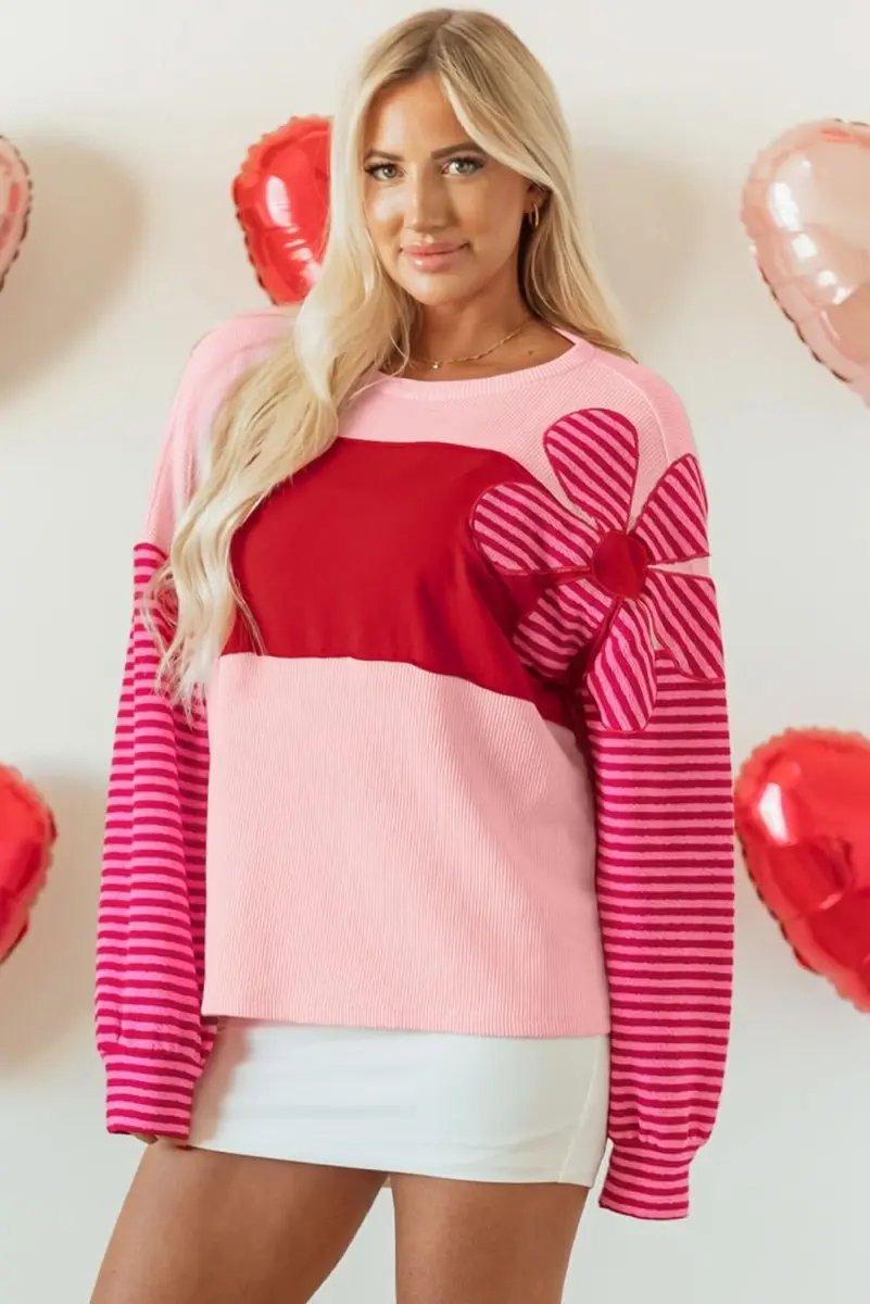 Color Block Pink Floral Textured Top with Striped Sleeves - Love Salve 