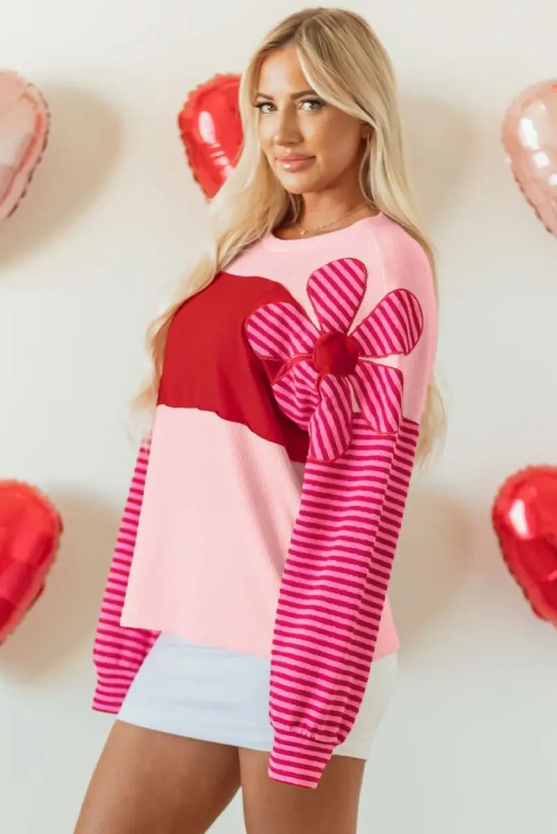 Color Block Pink Floral Textured Top with Striped Sleeves - Love Salve 