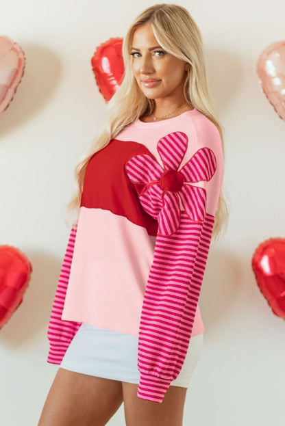 Color Block Pink Floral Textured Top with Striped Sleeves - Love Salve