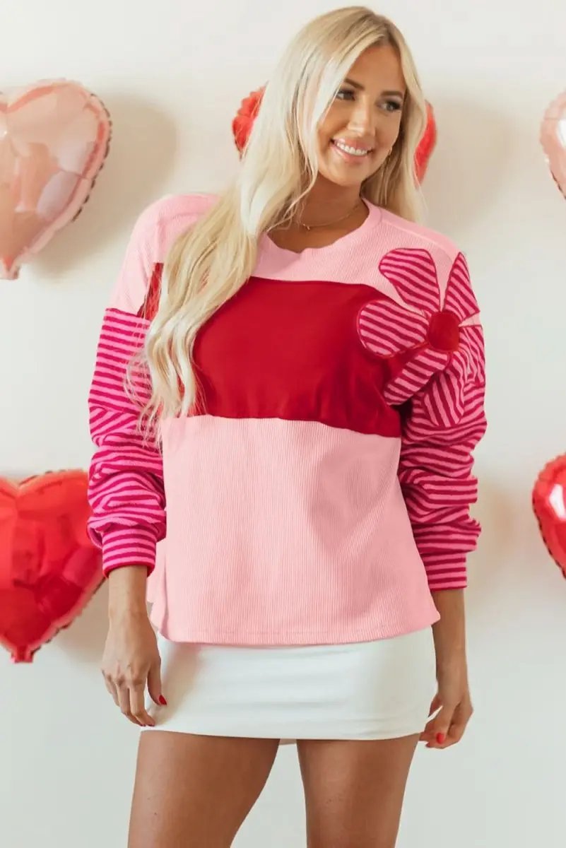 Color Block Pink Floral Textured Top with Striped Sleeves - Love Salve 