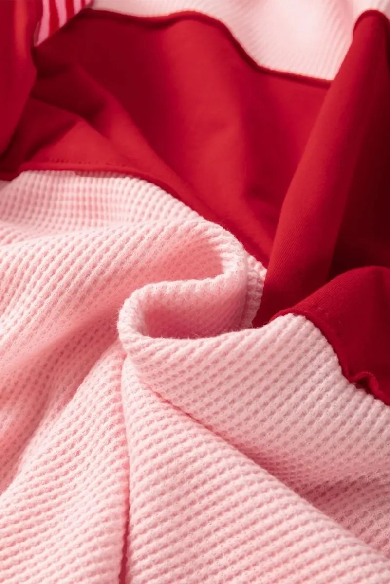 Color Block Pink Floral Textured Top with Striped Sleeves - Love Salve 