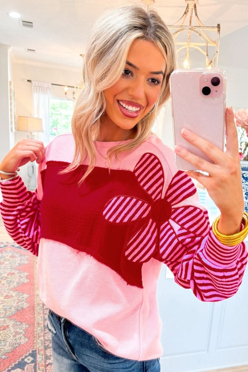 Color Block Pink Floral Textured Top with Striped Sleeves - Love Salve