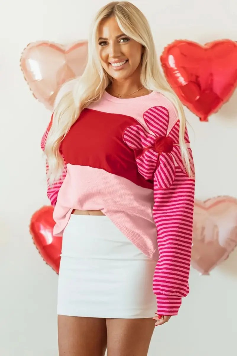 Color Block Pink Floral Textured Top with Striped Sleeves - Love Salve 