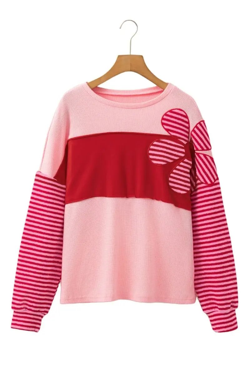 Color Block Pink Floral Textured Top with Striped Sleeves - Love Salve 